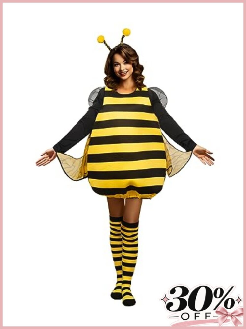 Women's Bumble Bee Costume Set with Headband, Wings, Zipper One-Piece
